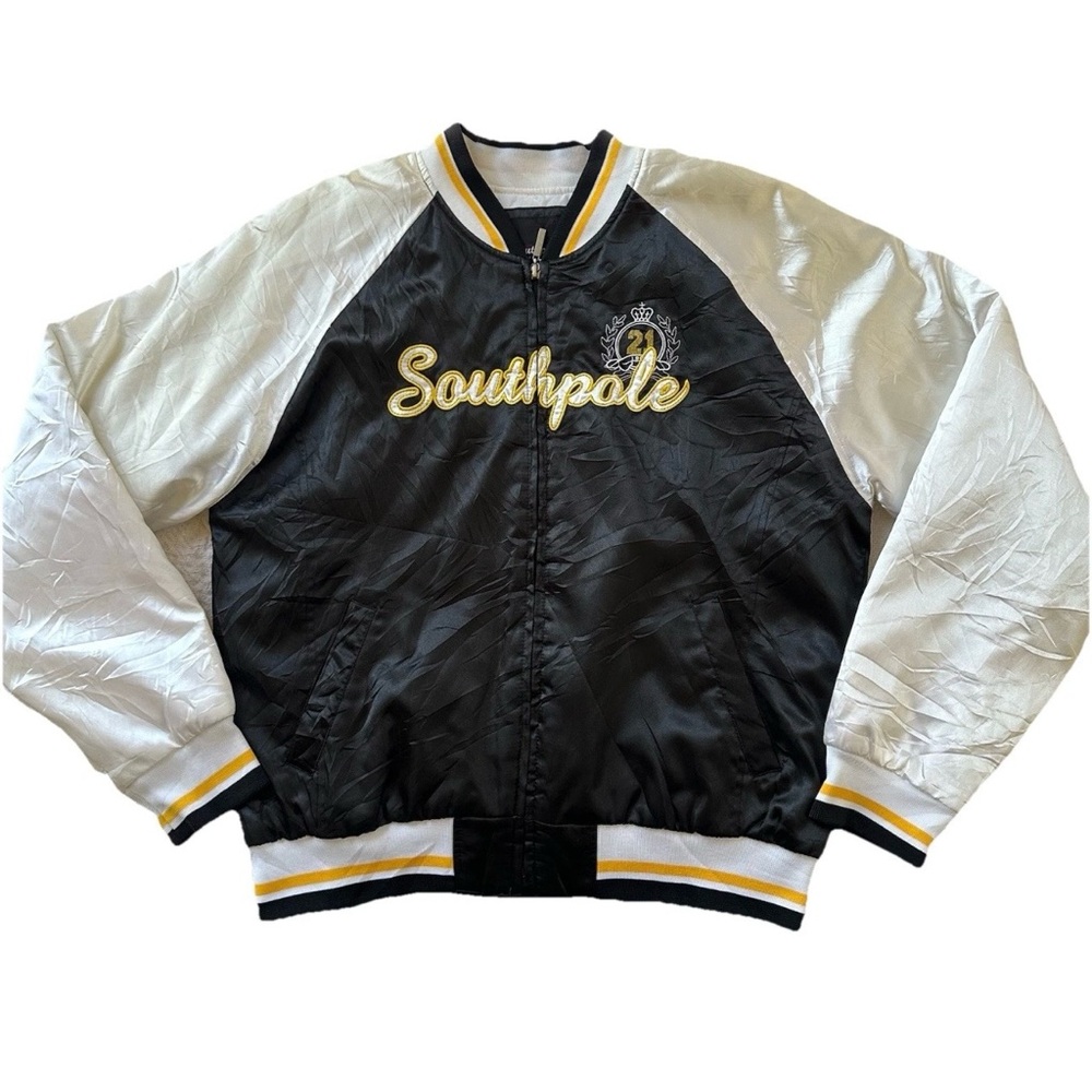 Vintage Y2K Southpole Satin Varsity Bomber Jacket Black/Gold Hip Hop Streetwear